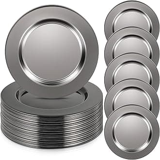 Vesici 12 Pcs Pearl Black Stainless Steel Charger Plates 13 Inch Round Metal Charger Plates Bulk Mirror Elegant Luxury Table Decor for Wedding Dinner Party