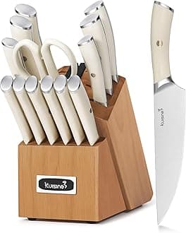 Kitchen Knife Set,High Carbon Stainless Steel Ultra Sharp Blade Ergonomic Handle,Knife Block Set with Built-in Sharpener,Elegant Gift for Holiday(Irovy-Acacia,15PCS)