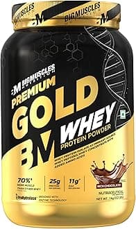 Bigmuscles Nutrition Premium Gold Whey [1Kg] | Informed Choice UK Certified | Isolate Whey Protein Blend | 25g Protein | 11g EAA | ProHydrolase Enzyme Technology [Rich Chocolate]