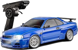 FLYCOLOR LD1899 1/18 RC Drift Car GTR R34 2.4GHz RWD with Gyroscope on Road Alloy Body Shell Racing Cars Radio Control (Blue)