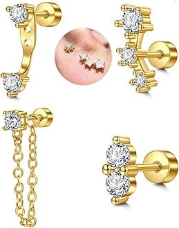 MODRSA Silver Gold Cartilage Earring for Women Hypoallergenic Flat Back Earrings Threadless Helix Earring Tragus Studs 6mm Cartilage Jewelry Flatback Surgical Steel Butterfly Heart Earrings for Women