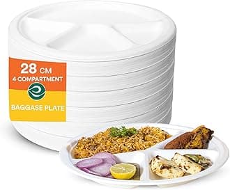 ECO SOUL [11 inch, 50 Count] 4-Compartment Disposable Bagasse Plates | Eco-Friendly, Biodegradable, Sugarcane Paper Plates | for Serving Dinner | Birthday, Wedding & Party | Round, White (28 cm)