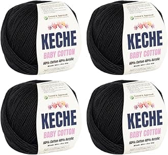 Keche Cotton Yarn, 60% Cotton 40% Acrylic Yarn, Soft Cotton Yarn for Crochet and Knitting, Amigurumi Yarn 4 Skeins/Balls [1.76 Oz (50g) / 180 Yrds (165m)] x 4 - Black