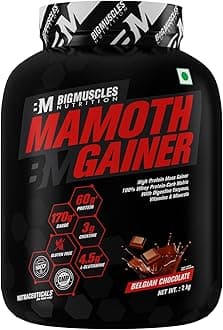 Mamoth Gainer [Belgian Chocolate, 2Kg] | High Protein Muscle Mass & Weight Gainer | With Vitamins & Minerals, Creatine & Digestive Enzymes - Powder, 1 count, 40 servings