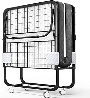 EconoHome Folding Bed with Mattress - 75x38 Twin Size Bed Frame - Portable Foldable Roll Away Adult Bed for Guest - 5-inch Thick Memory Foam Twin Mattress - Space Saving Fold Up Bed for Easy Storage