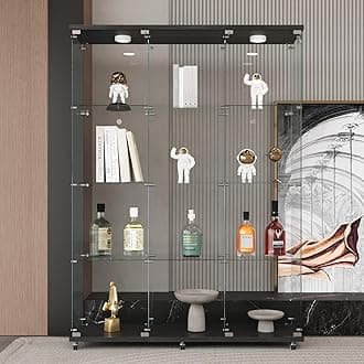 LFT HUIMEI2Y Glass Display Cabinet 12 Shelves with 3 Columns 2 Doors, LED Light and Lock, Extra Large Curio Cabinets Quick-Install Style Tempered Glass Bookshelf for Living Room, Kitchen Black