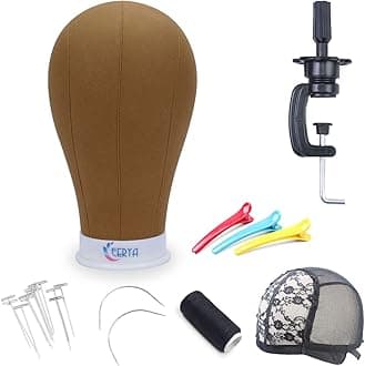 Eerya Wig Head Canvas Block Head 21 Inch Wig Head Stand for Making Wig Display Styling Brown Poly Canvas Block Wig Head with Stand Mannequin Head with Mount Hole Manikin Head Wig Stand(21 Inch,Brown)