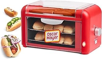 Oscar Mayer Extra Large 8 Hot Dog Roller & Bun Toaster Oven, Stainless Steel Grill Rollers, Non-stick Warming Racks, Perfect for Dogs, Veggie Sausages, Brats, Adjustable Timer, Red