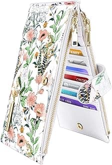 Coco Rossi Womens RFID Blocking Large Capacity Wallet Multi Card Organizer Bifold Wallet for Women with Zipper Pocket, White Flowers, L