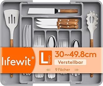 Utensil Organizer for Kitchen Drawer, Expandable Cooking Silverware Tray, Adjustable Cutlery Flatware Holder, Plastic Spatula Tools Storage Divider, 11.8-19.6 x 15", Gray
