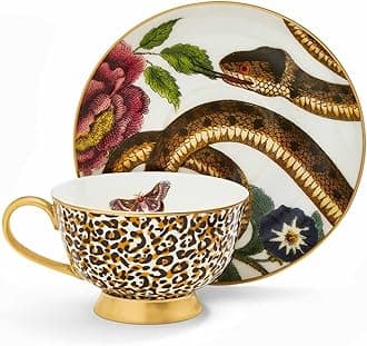 x Creatures of Curiosity Coupe Tea Cup and Saucer Set - Fine China with 22-Carat Gold Detailing, Gift Boxed, Coupe Tea Cup and Saucer Leopard and Snake, Suitable for Elegant Dining or Display