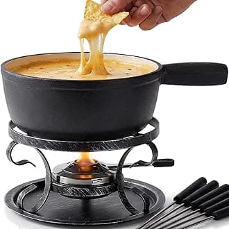 Artestia 10-Piece Cast Iron Cheese Fondue Pot Set, 2.1 Qt Swiss-Style Fondue Set for 6 with Burner, Stand & 6 Forks, Black, for Chocolate, Broth & Dips