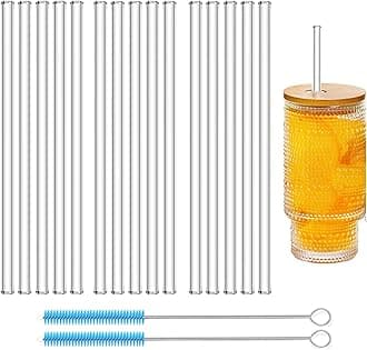 15pc Borosilicate Glass Straws Shatter Resistant Reusable - Extra Long 12 Inch 10mm Wide for Smoothies, Cold Drinks, Cocktails - BPA Free Thick Clear Drinking Straws