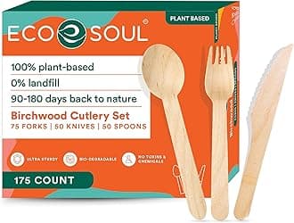 ECO SOUL 100% Compostable Wooden Cutlery Set – 175 Pcs [75 Forks, 50 Knives, 50 Spoons] Eco-Friendly Disposable Birchwood Utensils Set – Biodegradable Flatware for Parties, Weddings, Camping & Picnic