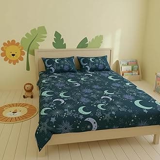 Filymore Moon Star Kids Double Bed Sheet with 2 Pillow Covers 180 TC Soft Microfiber for Kid Room Bedcover Size (90 X 90) inches, Nevyblue and White