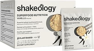 - BODi Shakeology 0g Added Sugar Plant-Based Vegan Protein Powder – Gluten-Free Superfood Shake with Vitamins & Minerals – Helps Support Healthy Weight Loss & Gut Health, Vanilla, 14 Individual Packets