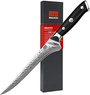 7 Inch Damascus Filleting Knife, Japanese Steel Damascus Boning Knife, Professional Fish Kitchen Knife, Japanese High Carbon Super Steel Core with Ergonomic G10 Glass Fiber Handle