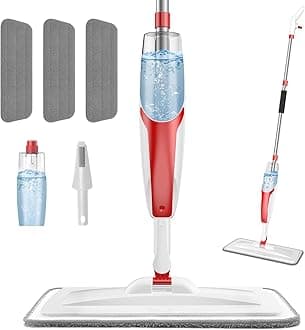 nacena Spray Mop for Floor Cleaning, Dust Mop with 420 ml Refillable Bottle and 3 Pcs Washable Pads Dry Wet Floor Mop for Household or Commercial Use for Hardwood Laminate Tile Ceramic, Red&White