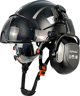 SAFEBUILDER Safety Helmet with Visor Ear Muffs Work at Hight Carbon Fiber Abs Hard Hats for Industrial Construction Head Protection ANSI Z89.1 Approved（Black Hard Hat+Clear&Tinted Visor+B07 Ear Muffs）