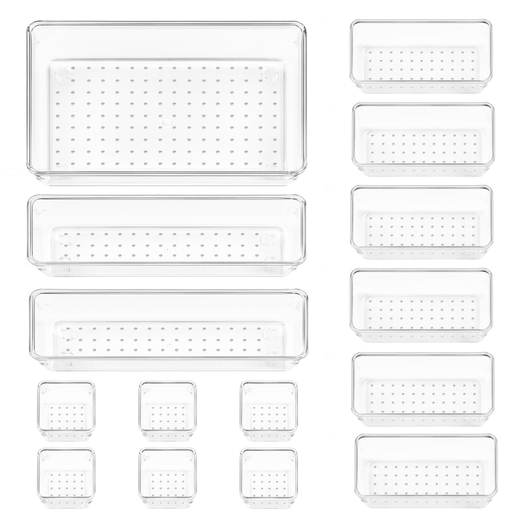 15 PCS Clear Plastic Drawer Organizer Set, 4-Size Versatile Bathroom and Vanity Desk Organizer Trays for Makeup, Bedroom, Kitchen and Office