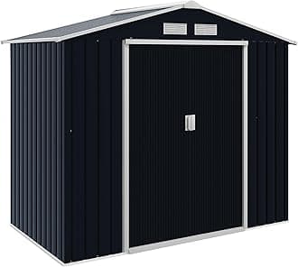 Outsunny 7 x 4ft Metal Garden Shed, Waterproof Outdoor Bike Storage Shed Galvanised with Vents, Foundation Kit, Apex Roof and Lockable Double Doors for Patio Lawn, Dark Grey