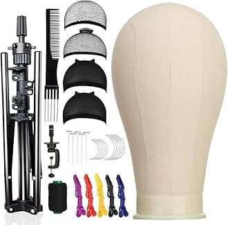 SZCY LLC 23 Inch Canvas Block Wig Head, 47 Inch Wig Stand Tripod with Head, Mannequin Head for Wigs Display with Wig Caps, T C Pins Brush