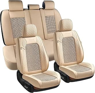 Coverado Seat Covers Full Set, 5 Seats Universal Seat Covers for Cars, Beige Car Seat Covers Front Seats Back Seat Cover, Breathable Car Seat Cushion, Leather Seat Cover Seat Protector Fit Most Cars