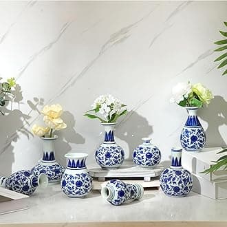 Dandat 8 Pieces Porcelain Vases Blue and White Ceramic Vase Mini Chinoiserie Vase Vintage Flower Vase for Home Living Room Bookshelf Decor (Elegant)