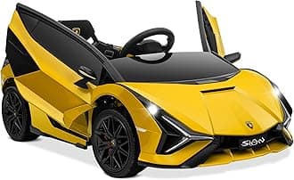 KidzoneKids 12V Electric Ride On Licensed Lamborghini Sian Roadster Carbon Fiber Textured Motorized Toy Car with Remote Control, Wheels Suspension, LED Lights & Music – Yellow