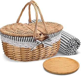 Picnic Basket with Blankets and Bamboo Plates Picnic Supplies Set Basket with Lid and Handle Wicker Picnic Basket Sturdy Woven Body with Washable Lining for Camping(Grey)