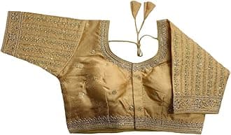 Pujia Mills Women's Readymade Blouse Embroidery Multi Coding Gold Thread Indian Ethnic Designer Stitched Readymade Saree Half Sleeve Blouse for Women for Saree Lehenga Choli