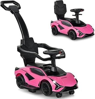 3 in 1 Ride on Push Car, Licensed Lamborghini Baby Stroller Sliding Walking Car with Parent Control Handle, Music, Headlight, Under Seat Storage, Kids Foot-to-Floor Toy for 18-60 Months (Pink)