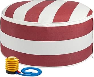 Inflatable Outdoor Ottoman with Air Pump,20"x9" Portable Patio Pouf,Water Resistant,Fade-Resistant,Round Blow Up Footrest Stools for Home Garden Camping Travel(Red White)
