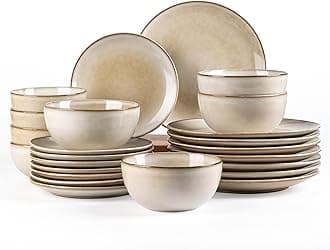 AmorArc Stoneware Dinnerware Sets for 8, 24 Pieces Handpainted Ceramic Plates and Bowls Set, Scratch Resistant Dishes Set, Dishwasher & Microwave Safe, Cappuccino