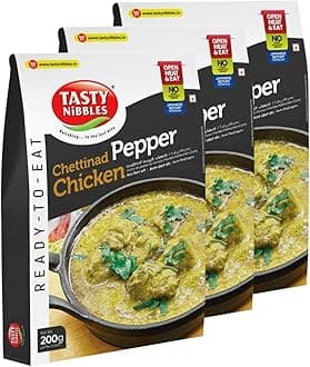 Tasty Nibbles Ready to Eat Chettinad Pepper Chicken 200g[Pack of 3]|Open Heat & Eat | No Food Additives Added | Japanese Retort Technology