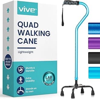 Vive Quad Cane - Walking Stick for Men and Women - Lightweight Adjustable Staff - Comfortable Right and Left Hand Grip for Stability Support - Four Prong Sturdy Aluminum Travel Aid - 4 Tip Blue