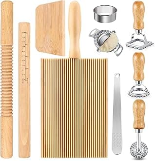 WodGod 10 Pcs Pasta Making Tools Set, Manual Pierogi Maker, Ravioli Stamp Cutter, Wooden Rolling Pin, Dough Scraper, Gnocchi Board, 5 Ravioli Stamp Maker Cutter