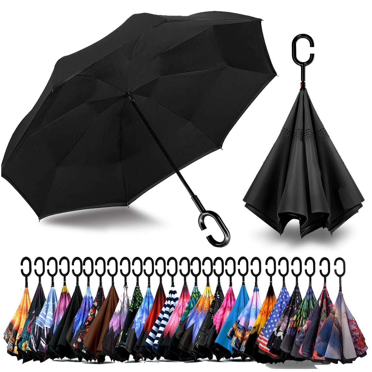 49/56 Inch Inverted Reverse Upside Down Umbrella, Extra Large Double Canopy Vented Windproof Waterproof Stick Golf Umbrellas with C-shape Handle.