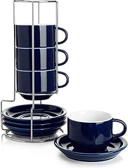 8 Ounce Porcelain Stackable Cappuccino Cups with Saucers and Metal Stand - for Specialty Coffee Drinks, Cappuccino, Latte, Americano and Tea - Set of 4, Navy