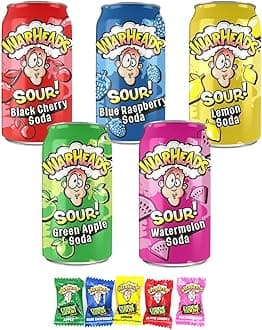Snack Hut Warheads Sour Soda Pop Variety Pack, Five - 12 oz. Cans Warheads Extreme Sour Candy - Blue Raspberry, Black Cherry, Lemon, Green Apple, Watermelon and 5 Pieces of War Heads Candy