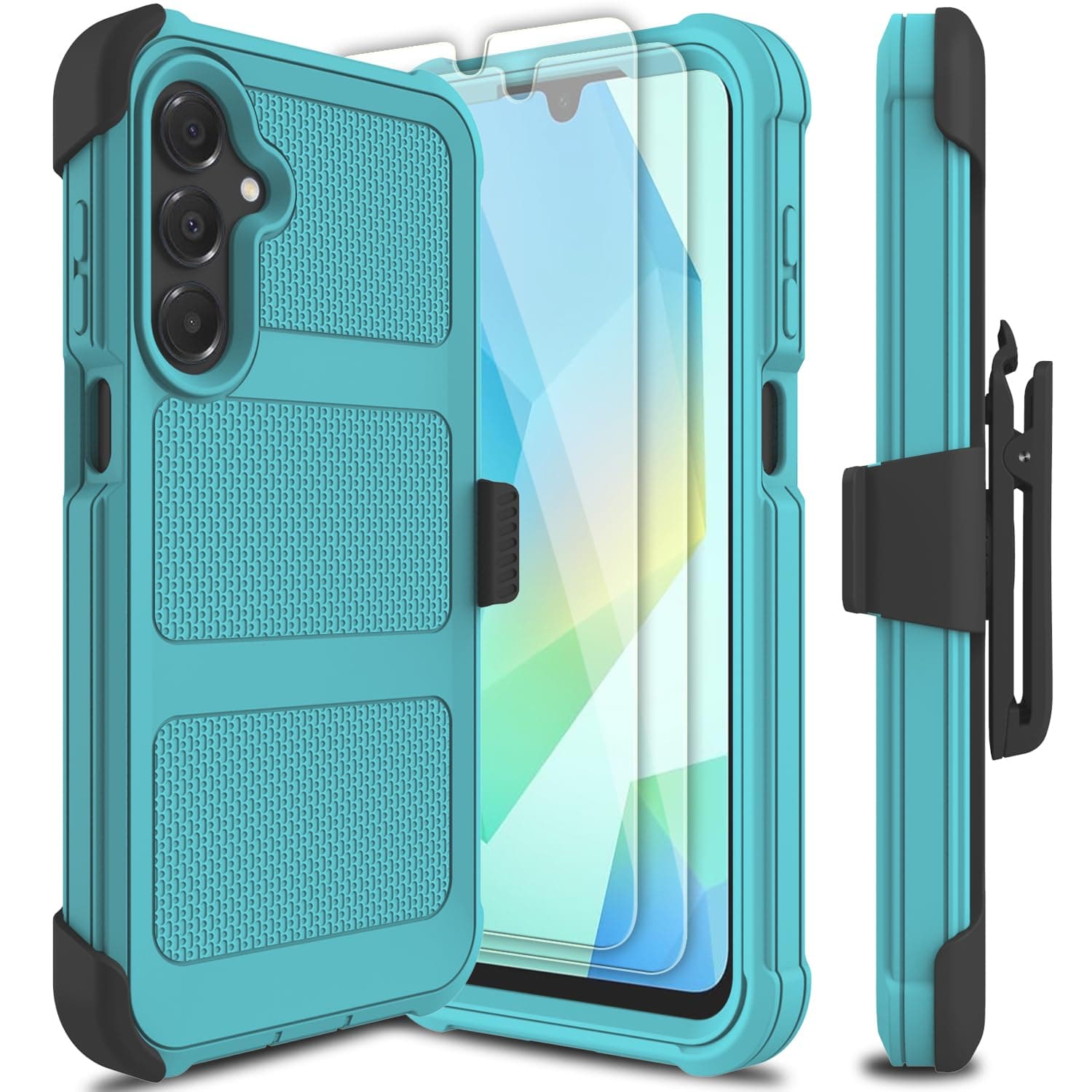 for Samsung Galaxy A16 5G Case with 2 Pack Tempered Glass Screen Protector, [Holster Series] Belt Clip Hard Tough Heavy Duty Rugged Shockproof Protective Cell Phone Case (Blue Green)
