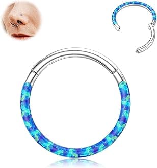 BodyBonita Hinged Opal Nose Rings Hoops - 16G/18G/20G 316L Surgical Steel Hinged Hoop Nose Rings for Women Septum Rings Conch Helix Daith Piercing Jewelry Purple/Pink/Blue/White 10mm/8mm Silver/Gold