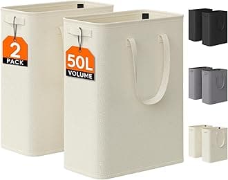 Lifewit 2 Pack Slim Laundry Hamper, Collapsible Narrow Laundry Basket, Small Tall Dirty Clothes Hampers with Handles for Bathroom Bedroom College Dorm, White, 50L