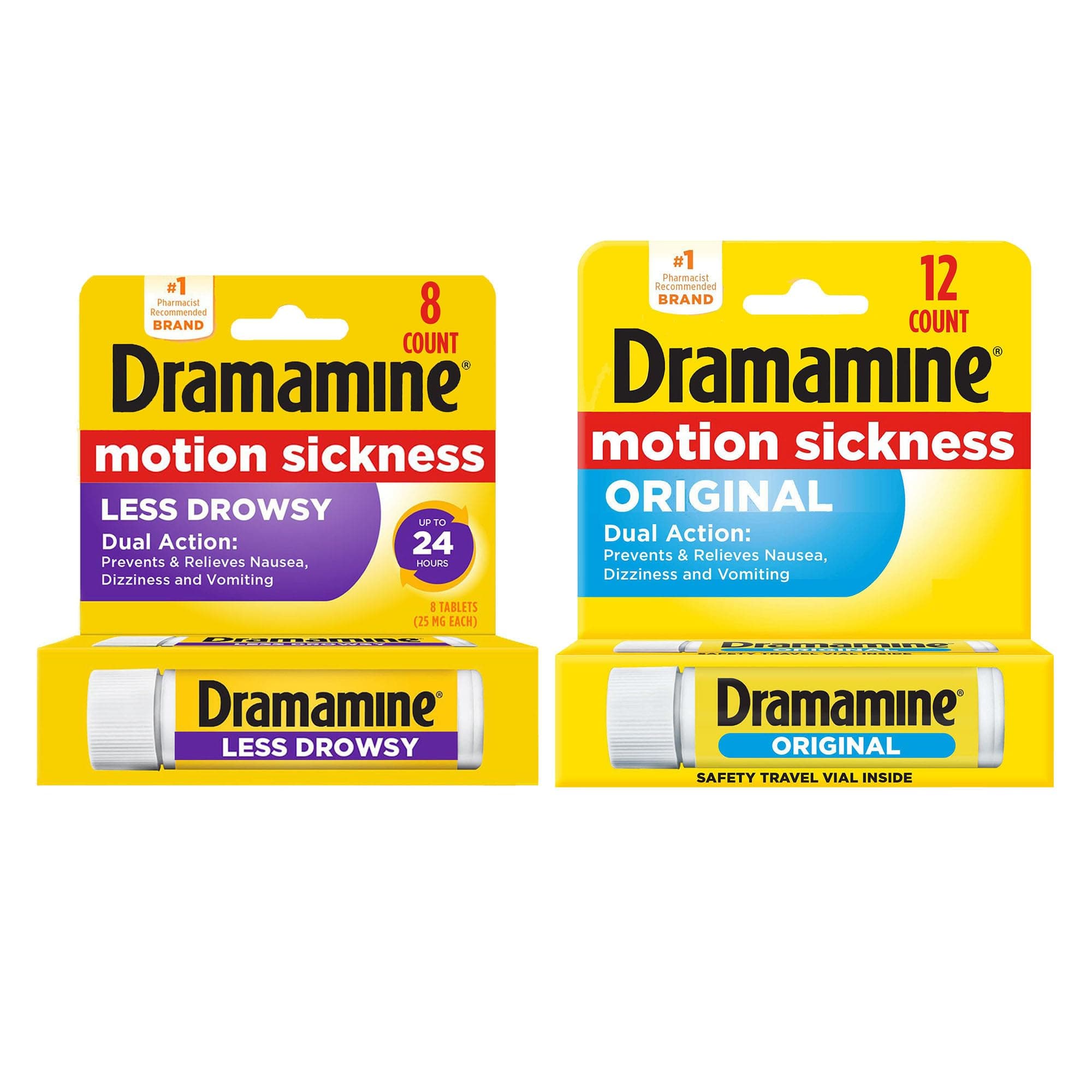 Dramamine Motion Sickness Variety Pack (1- Original Formula 12 Count, 1- All Day Less Drowsy 8 Count)