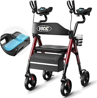 VOCIC Walkers for Seniors, Upright Walker with Adjustable Armrests, Z22 GelCool Stand Up Walker with Ergo Seat & Backrest, 8" All Terrain Rollator with 300lb,Cup& Cane Holder