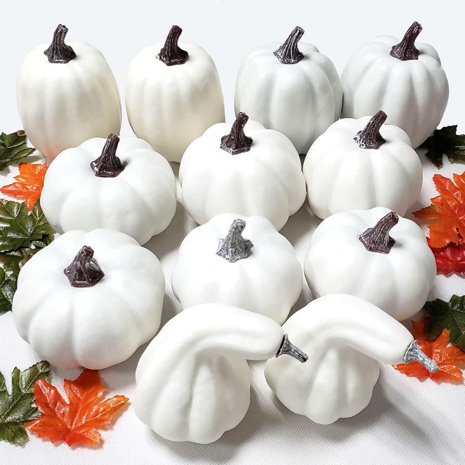 12Pcs Fake White Pumpkins, Assorted Sizes Artificial Pumpkin for Fall Harvest Festival Thanksgiving Halloween Dining Table Decorating