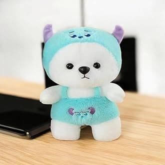 Cute Cuddley Plush Teddy Bear Toys with Turquoise Overalls, White and Purple Ears, Soft Stuffed Animals for Kids Girls 25Cm