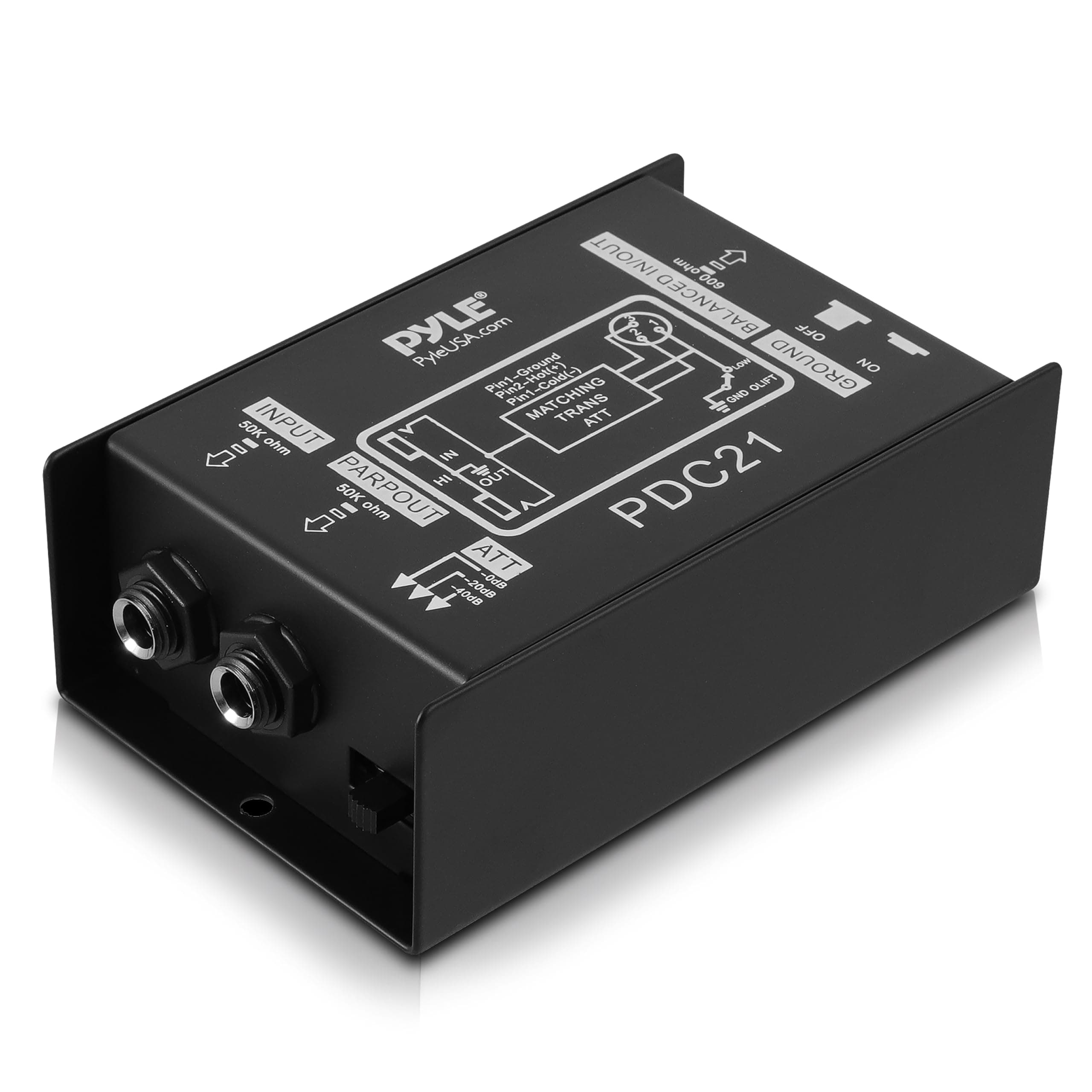 Pyle Passive DI Audio Box, 6 x 10.4cm Direct Injection Hum Eliminator with Input Attenuator, Guitar Audio Interface for Home Studio, Balanced XLR Output for Music Production Equipment, DAC Sound Card