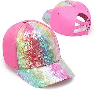 BROMZGirls Glitter Baseball Cap Kids Ponytail Hat Adjustable Summer Mesh Trucker Hats for 4-12 Years