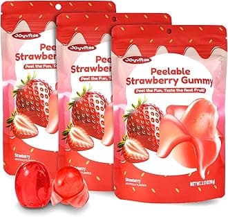 Peelable Gummy Strawberry Candy – Tropical Peeling Gummies Variety Pack, Low Sugar & Low Calorie, Christmas Candy Individually Wrapped, Perfect Stocking Stuffers & Christmas Gifts, Resealable Snacks (3 Pack, 9.53oz Strawberry)